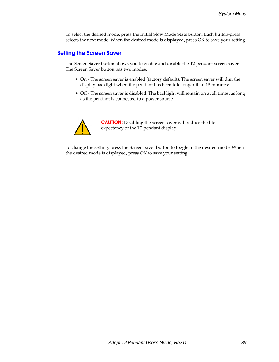Setting the screen saver | Adept T2 Pendant User Manual | Page 39 / 50