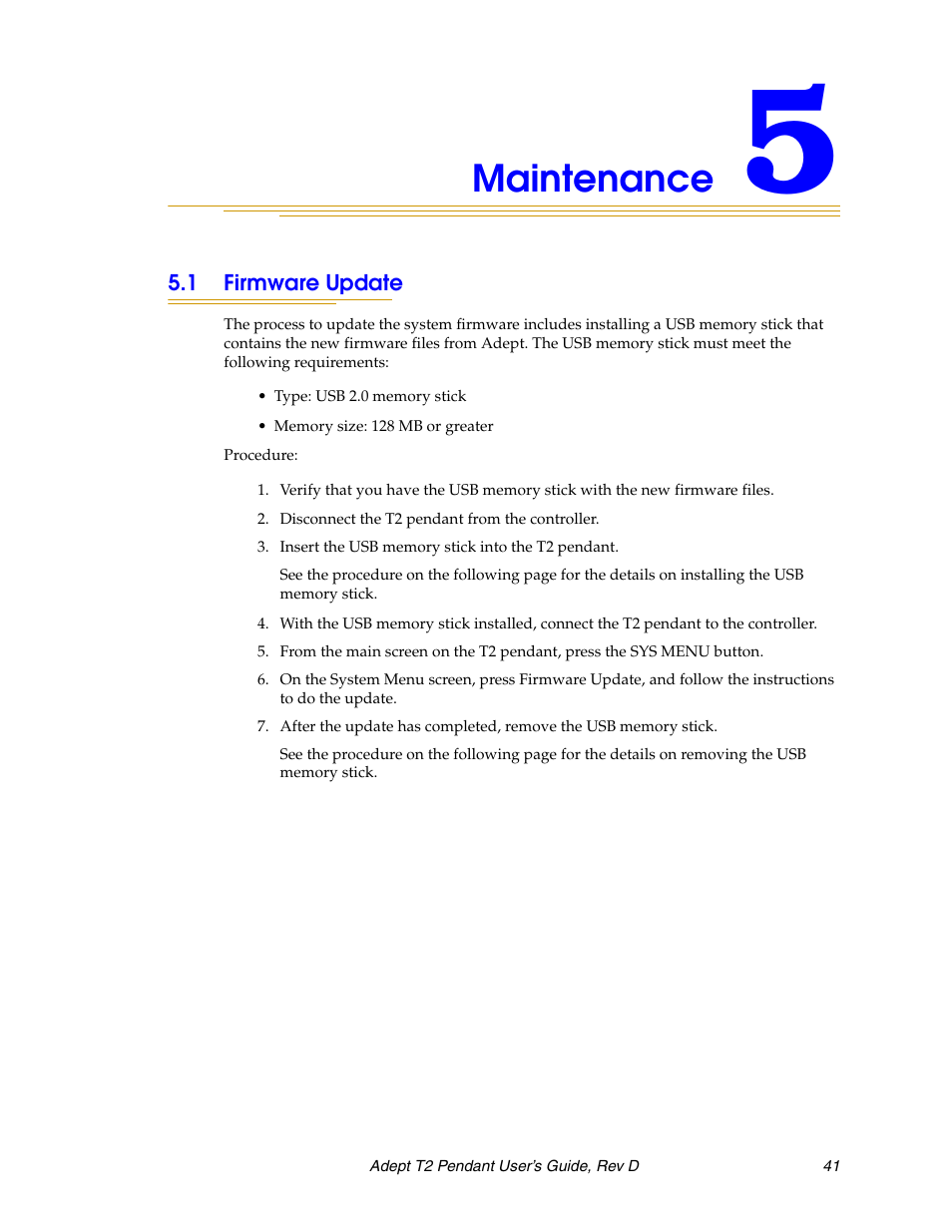 Maintenance, 1 firmware update | Adept T2 Pendant User Manual | Page 41 / 50