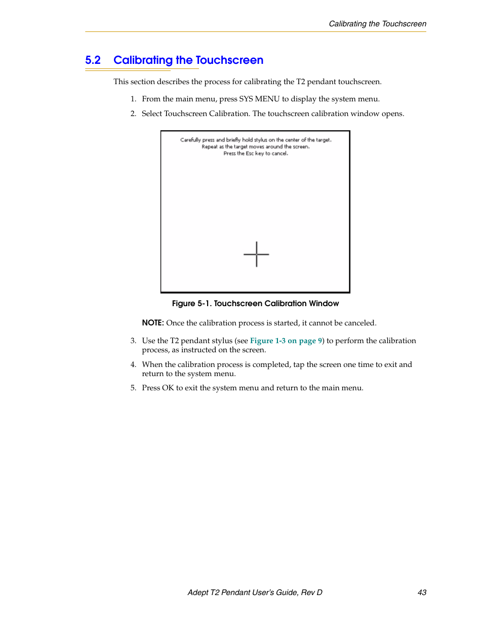 2 calibrating the touchscreen | Adept T2 Pendant User Manual | Page 43 / 50