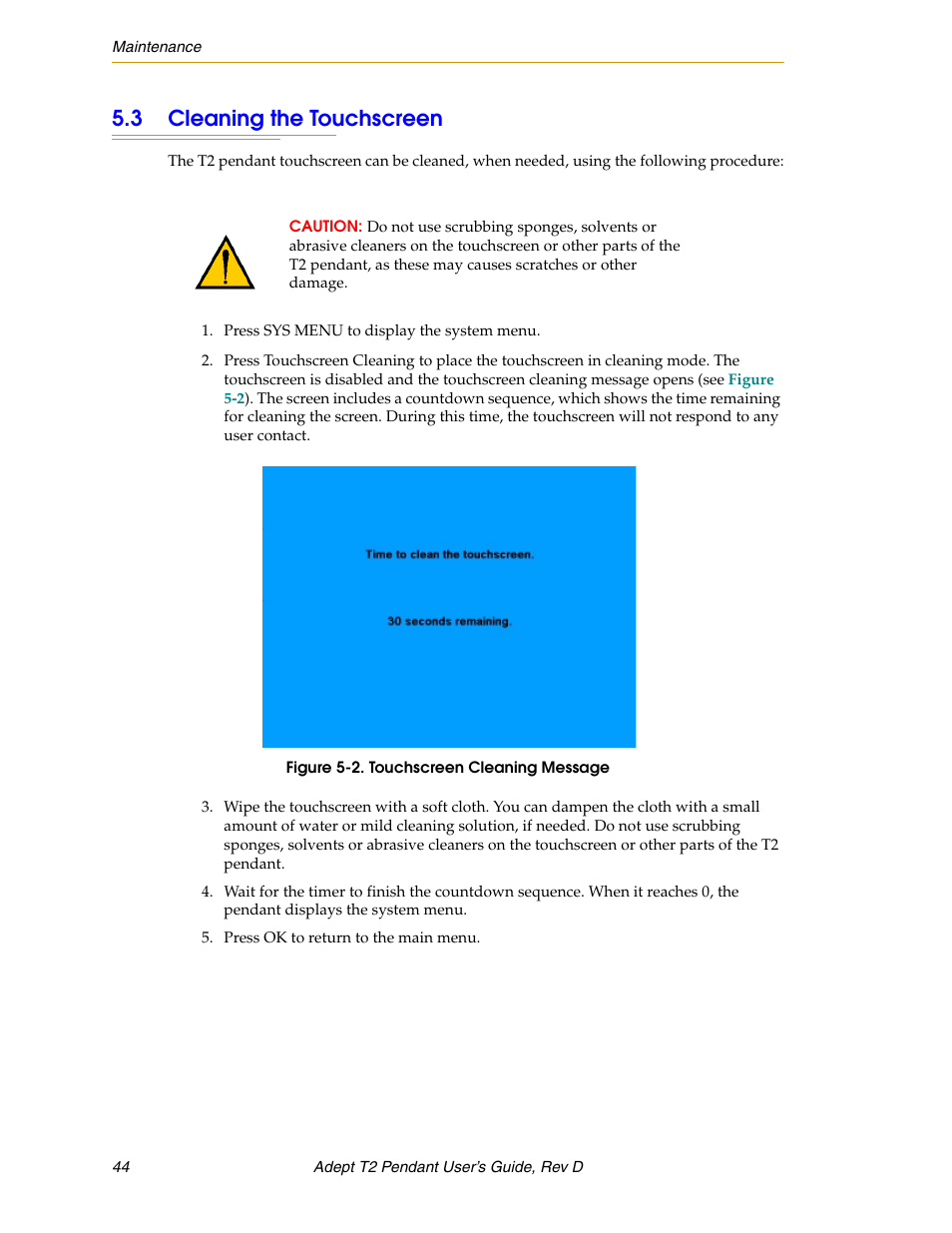 3 cleaning the touchscreen | Adept T2 Pendant User Manual | Page 44 / 50