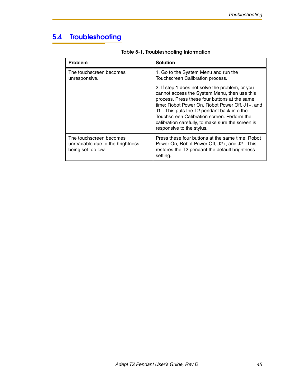 4 troubleshooting | Adept T2 Pendant User Manual | Page 45 / 50