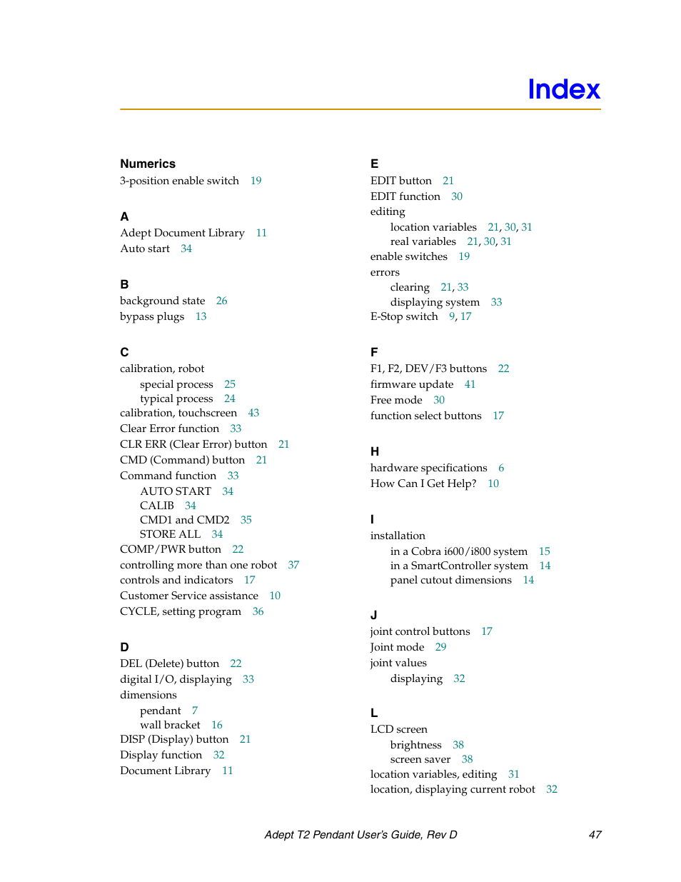 Index | Adept T2 Pendant User Manual | Page 47 / 50