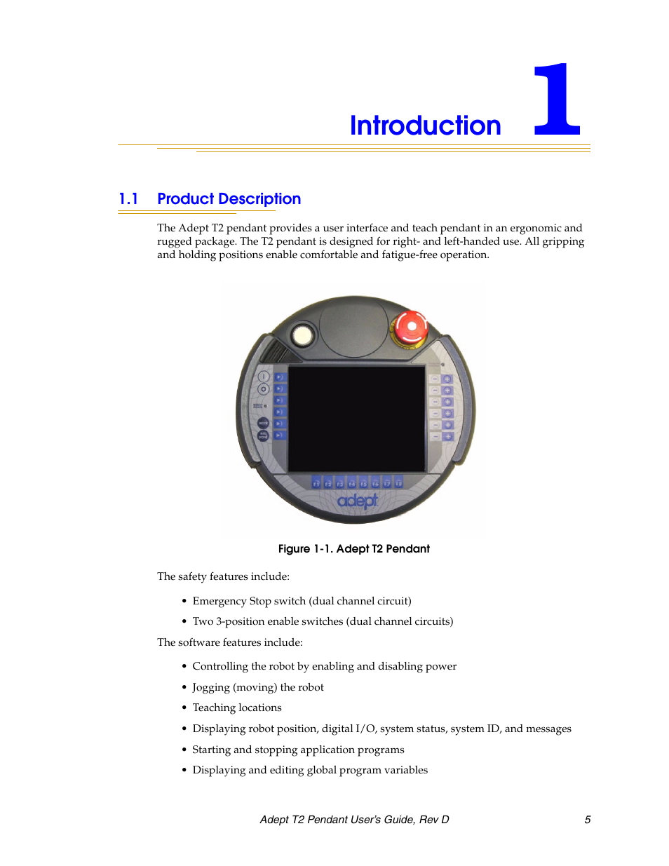 Introduction, 1 product description | Adept T2 Pendant User Manual | Page 5 / 50