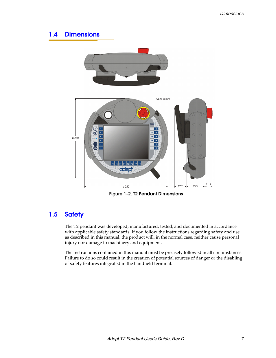4 dimensions, 5 safety | Adept T2 Pendant User Manual | Page 7 / 50