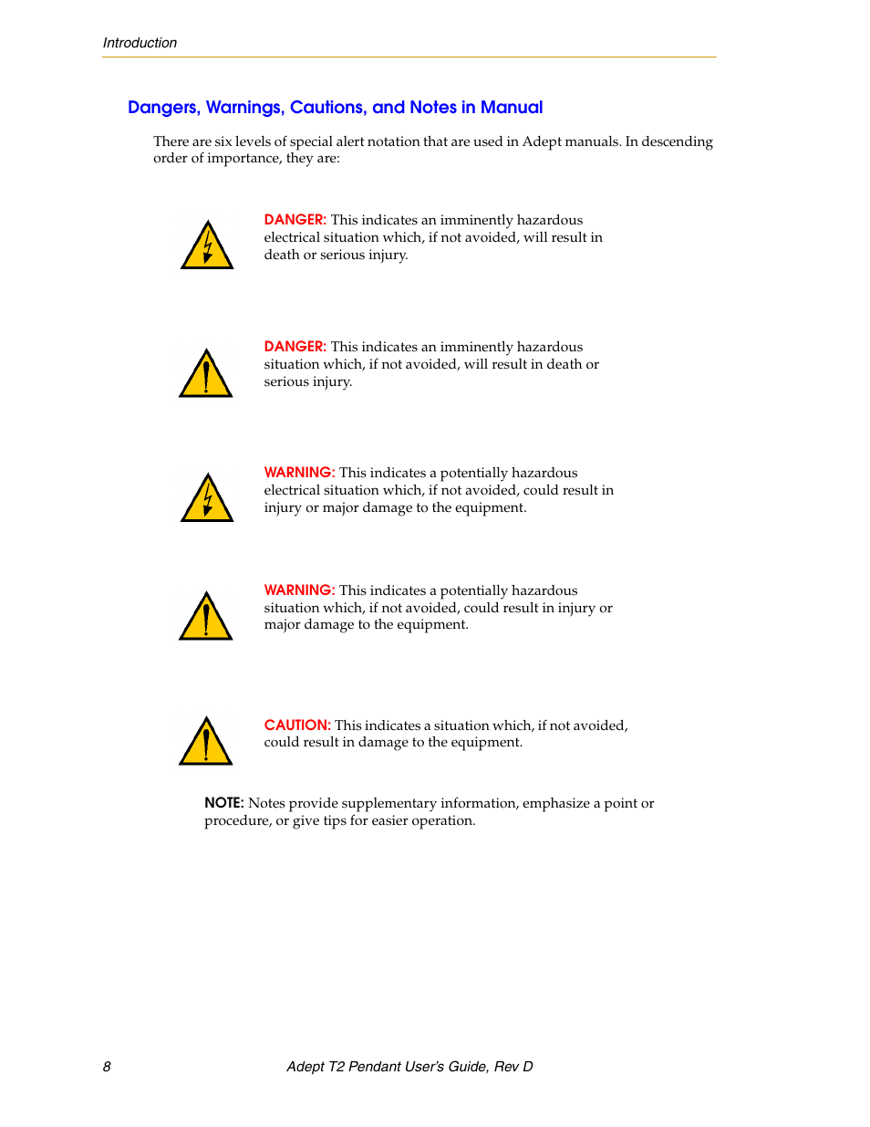 Dangers, warnings, cautions, and notes in manual | Adept T2 Pendant User Manual | Page 8 / 50