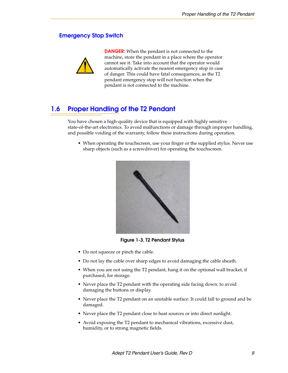 Emergency stop switch, 6 proper handling of the t2 pendant | Adept T2 Pendant User Manual | Page 9 / 50