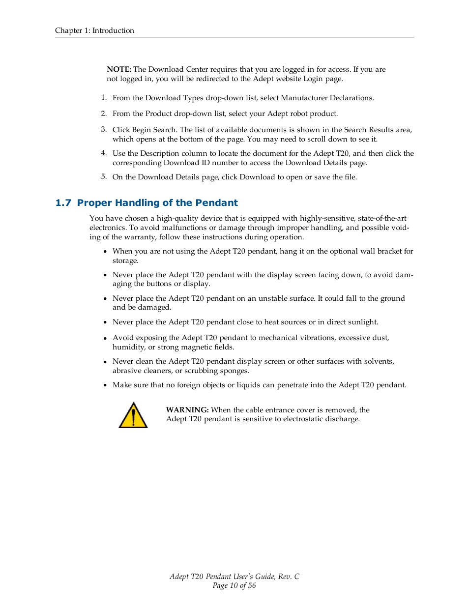 7 proper handling of the pendant | Adept T20 Pendant User Manual | Page 10 / 56