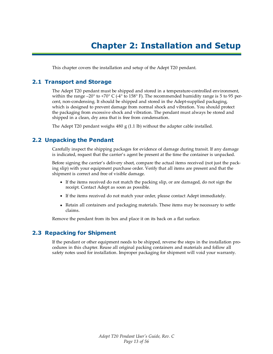 Chapter 2: installation and setup, 1 transport and storage, 2 unpacking the pendant | 3 repacking for shipment | Adept T20 Pendant User Manual | Page 13 / 56