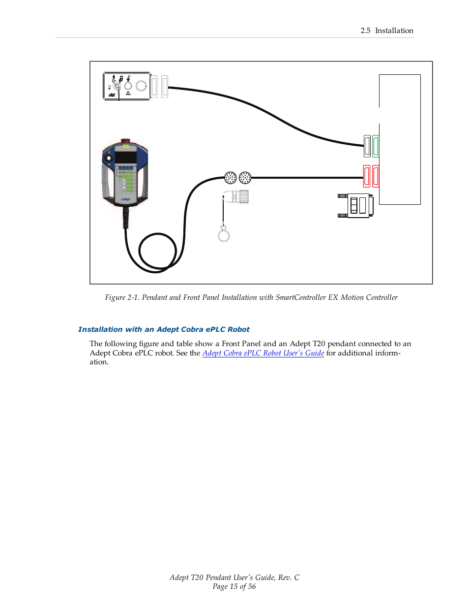 T20 adapter cable (3 meters) adapter cable jumper, Front panel, Xmcp jumper | 5 installation, Installation with an adept cobra eplc robot | Adept T20 Pendant User Manual | Page 15 / 56