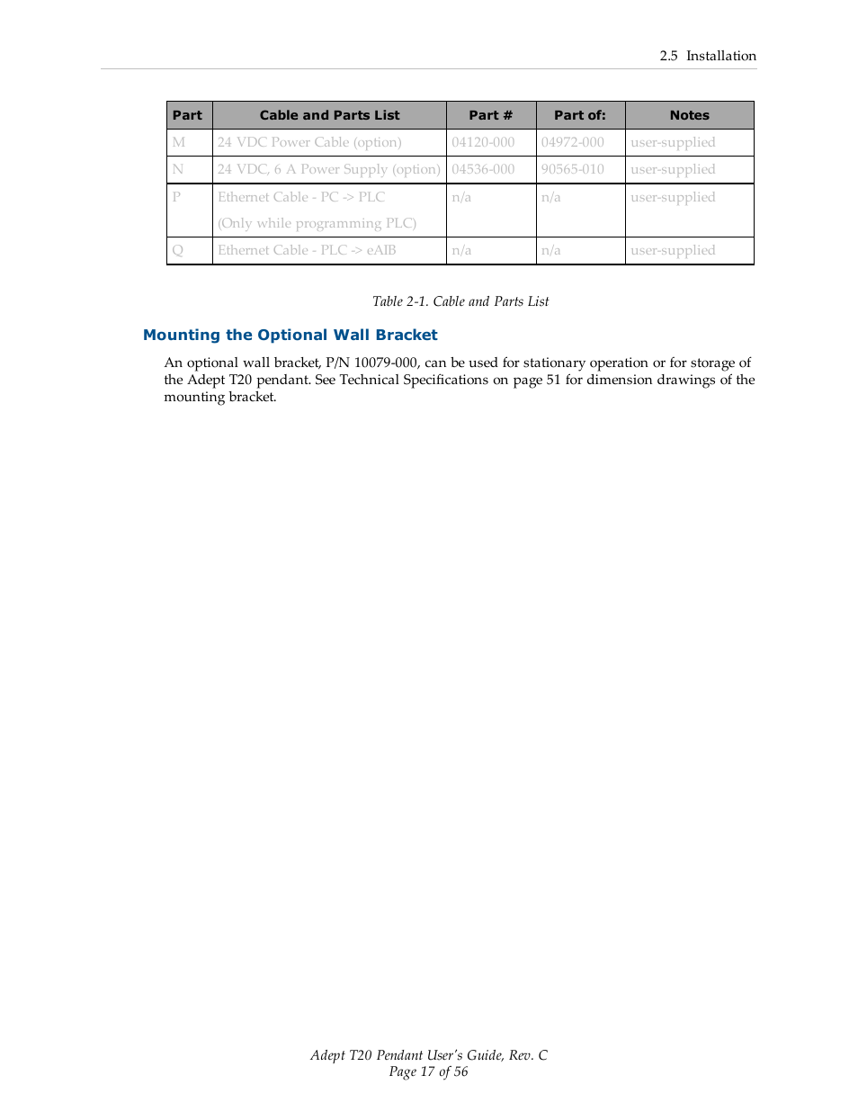 Mounting the optional wall bracket | Adept T20 Pendant User Manual | Page 17 / 56