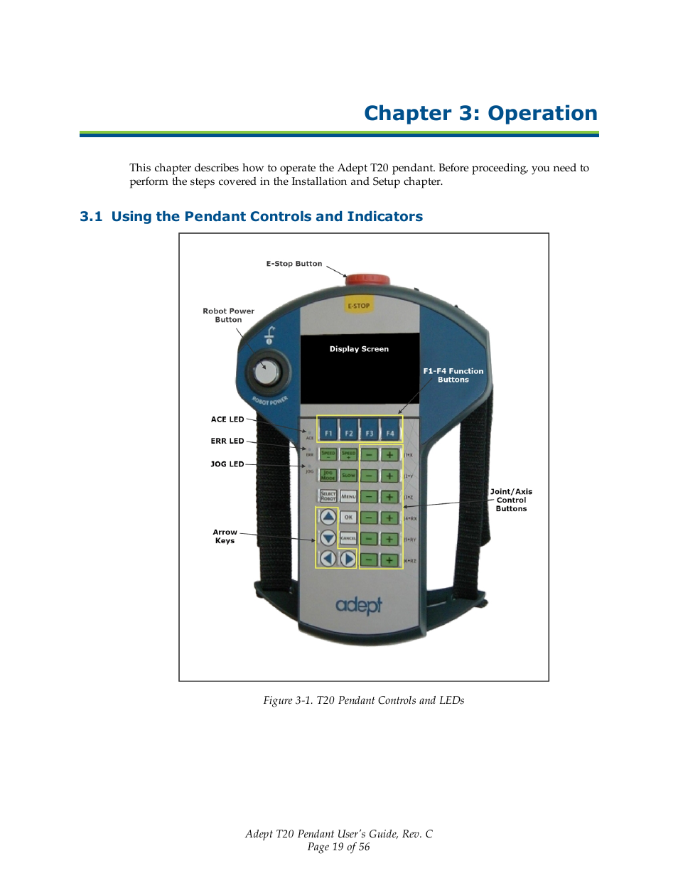 Chapter 3: operation, 1 using the pendant controls and indicators | Adept T20 Pendant User Manual | Page 19 / 56