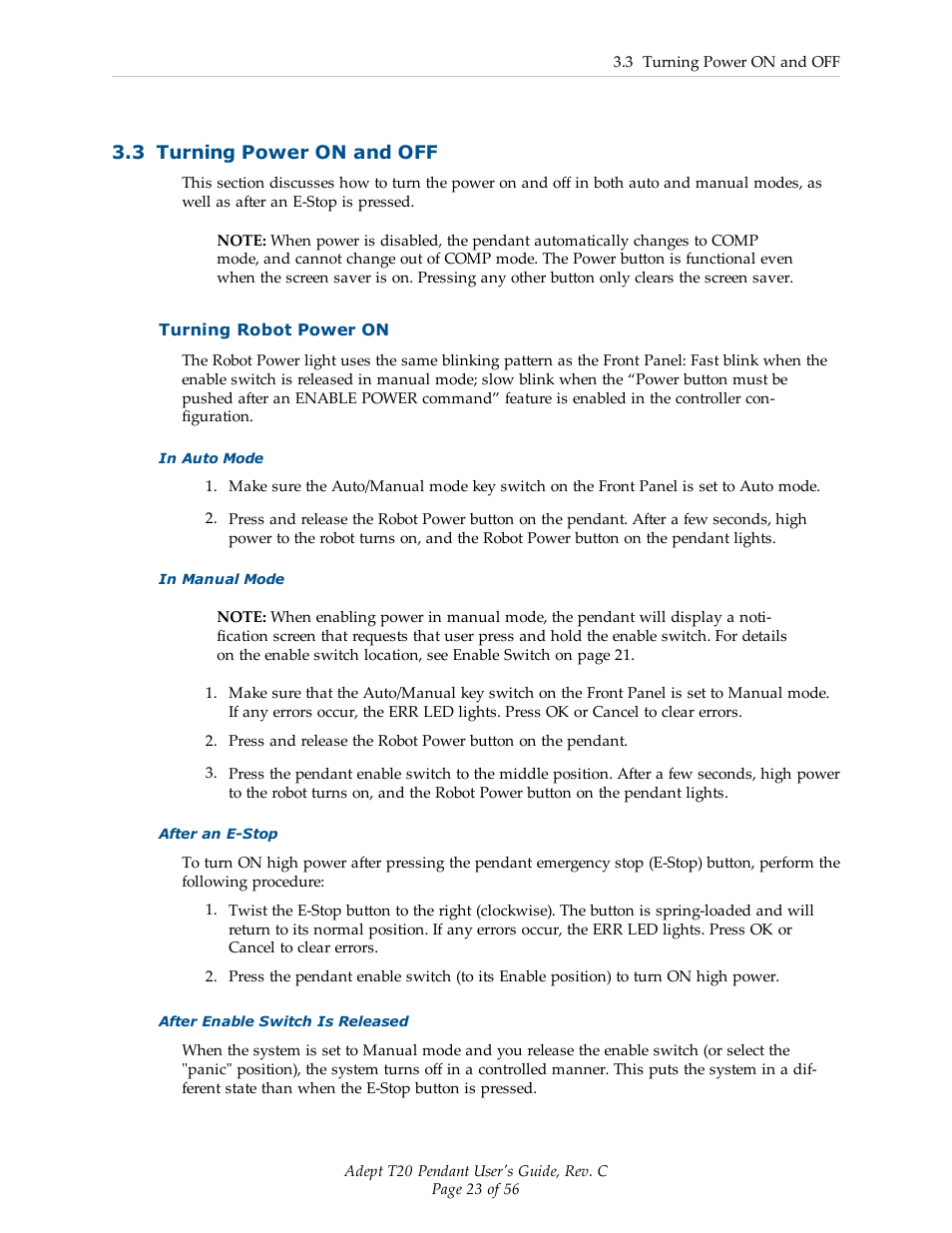 3 turning power on and off, Turning robot power on | Adept T20 Pendant User Manual | Page 23 / 56