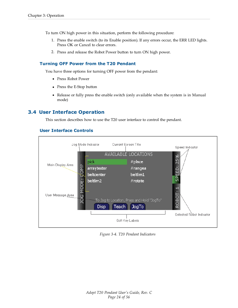 Turning off power from the t20 pendant, 4 user interface operation, User interface controls | Adept T20 Pendant User Manual | Page 24 / 56