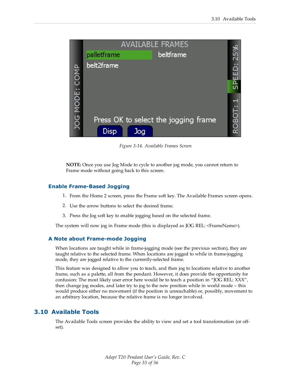 Enable frame-based jogging, A note about frame-mode jogging, 10 available tools | Adept T20 Pendant User Manual | Page 35 / 56