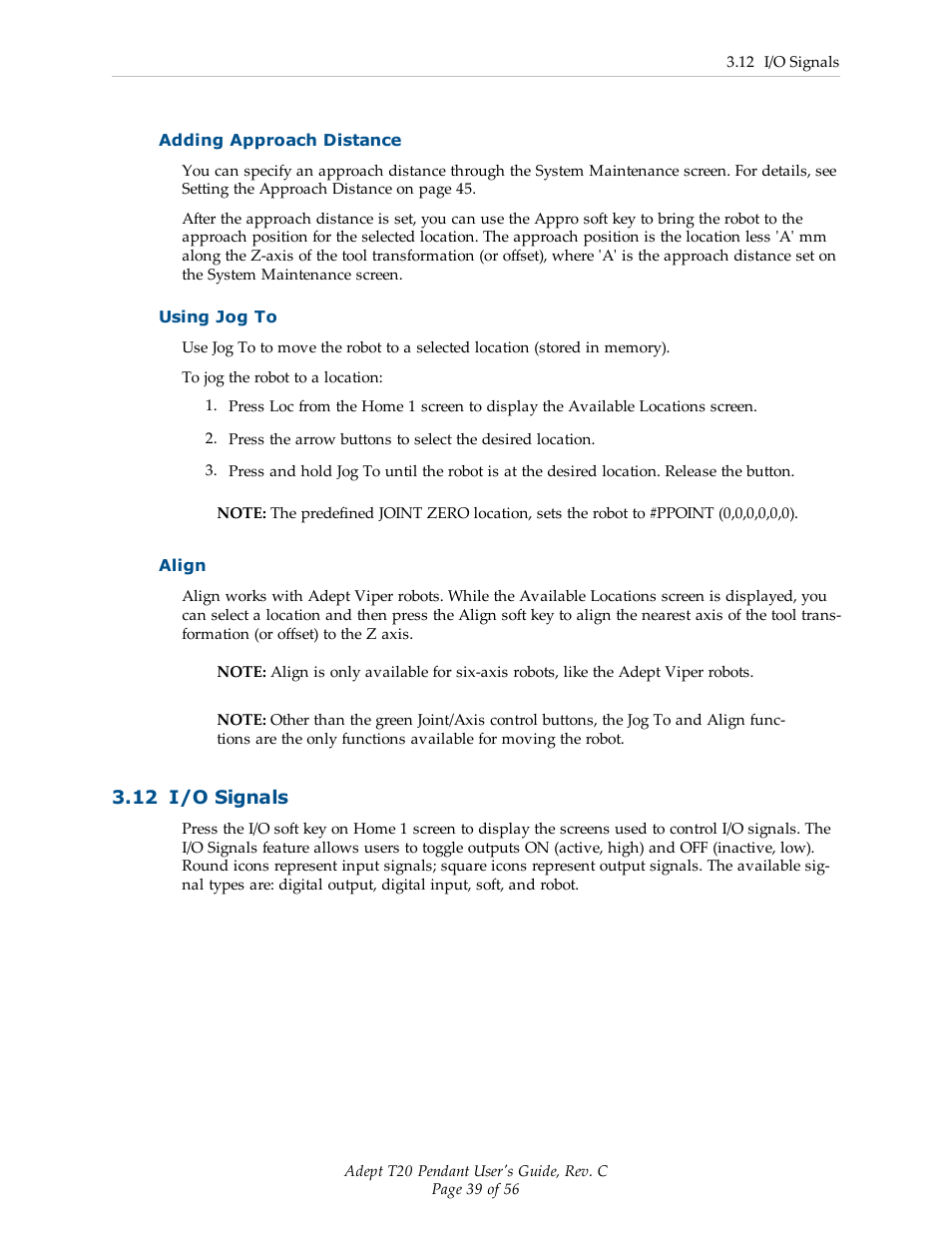 Adding approach distance, Using jog to, Align | 12 i/o signals | Adept T20 Pendant User Manual | Page 39 / 56