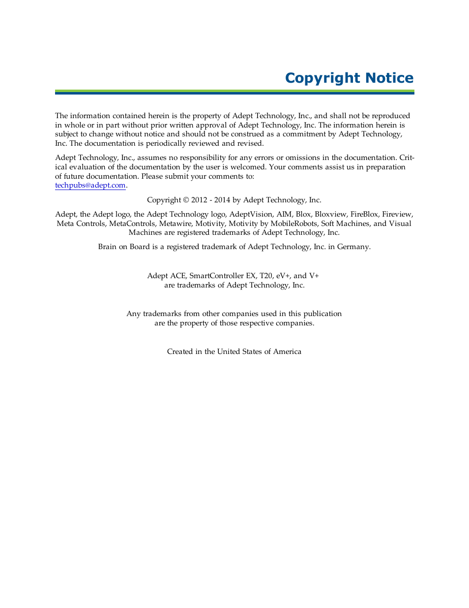 Copyright notice | Adept T20 Pendant User Manual | Page 4 / 56