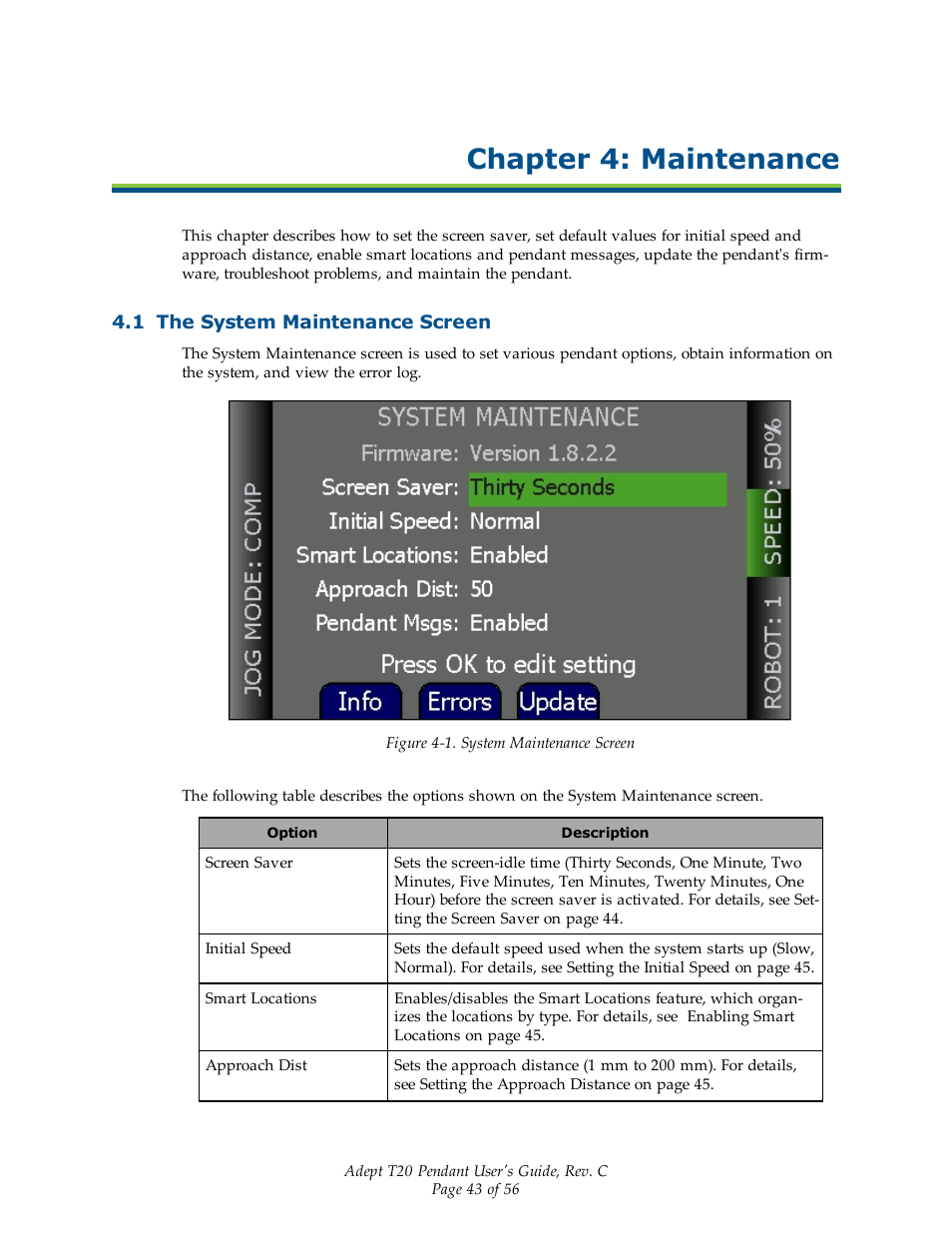 Chapter 4: maintenance, 1 the system maintenance screen | Adept T20 Pendant User Manual | Page 43 / 56
