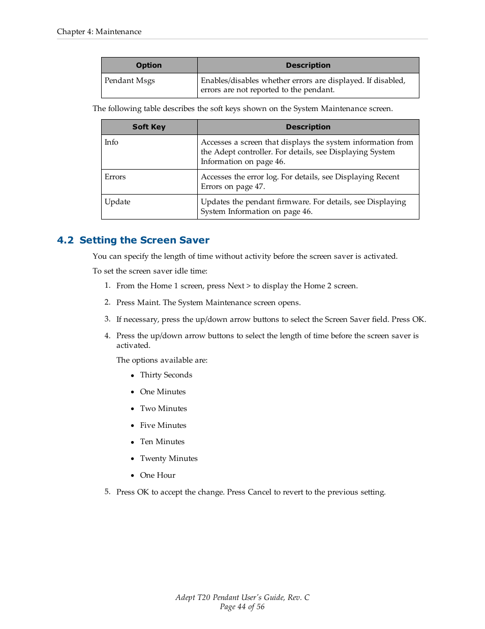 2 setting the screen saver | Adept T20 Pendant User Manual | Page 44 / 56