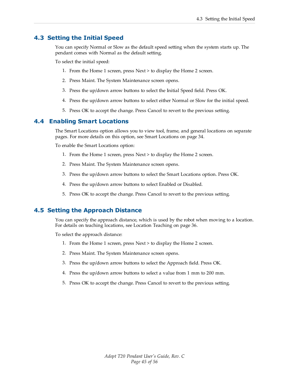 3 setting the initial speed, 4 enabling smart locations, 5 setting the approach distance | Adept T20 Pendant User Manual | Page 45 / 56