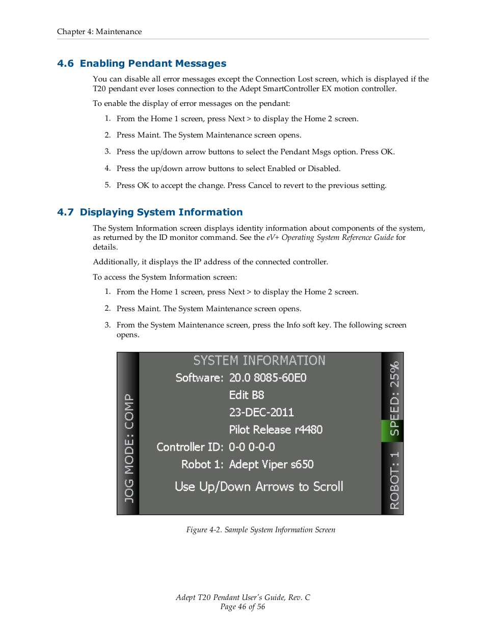 6 enabling pendant messages, 7 displaying system information | Adept T20 Pendant User Manual | Page 46 / 56