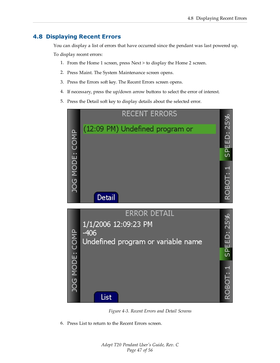 8 displaying recent errors | Adept T20 Pendant User Manual | Page 47 / 56