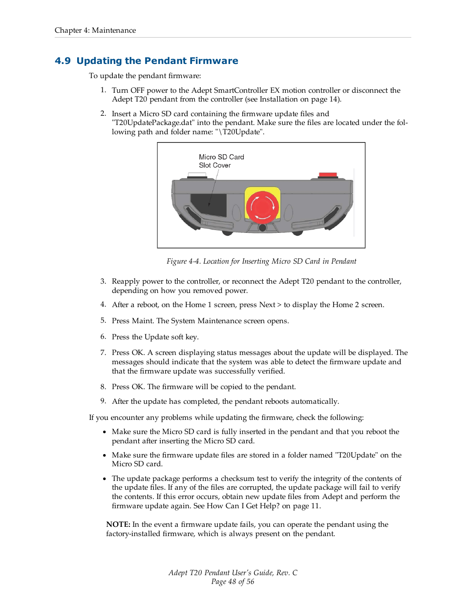 9 updating the pendant firmware | Adept T20 Pendant User Manual | Page 48 / 56