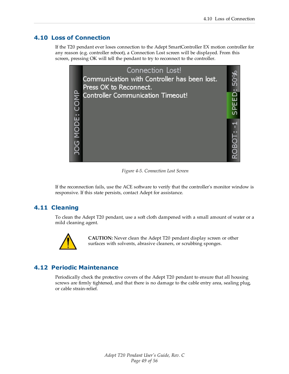 10 loss of connection, 11 cleaning, 12 periodic maintenance | Adept T20 Pendant User Manual | Page 49 / 56