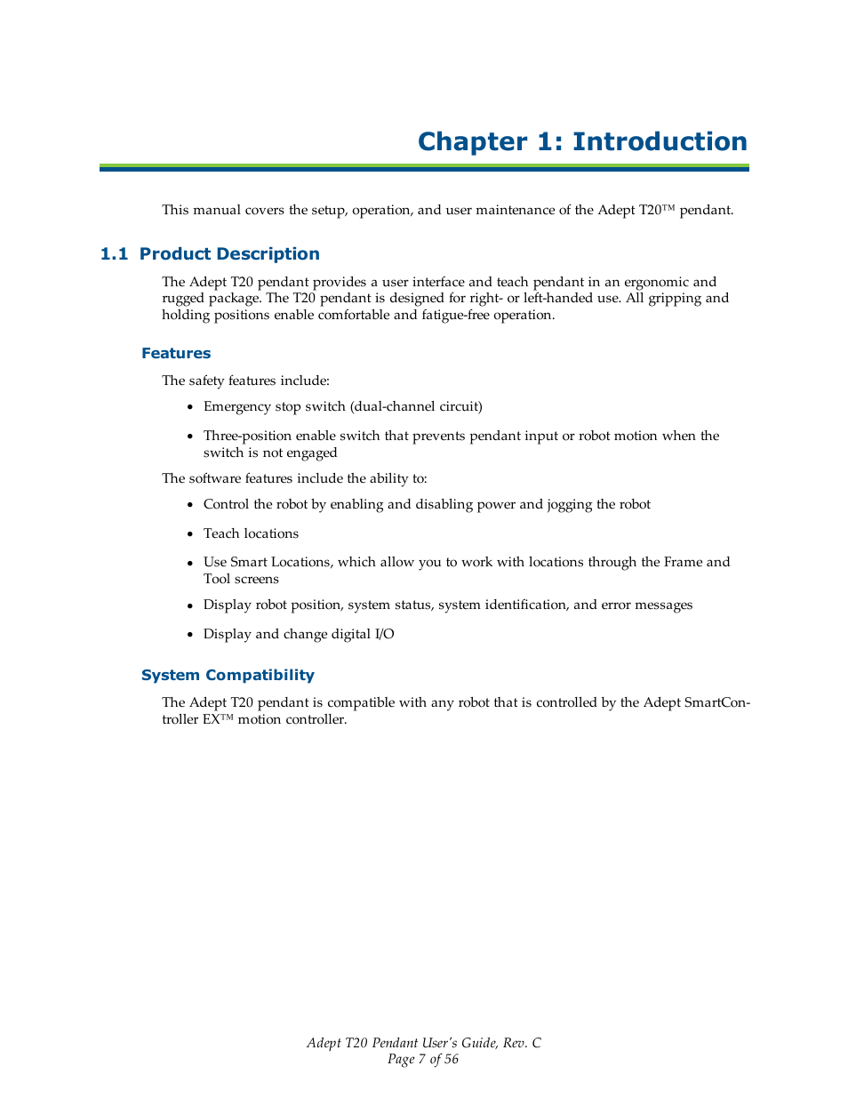 Chapter 1: introduction, 1 product description, Features | System compatibility | Adept T20 Pendant User Manual | Page 7 / 56