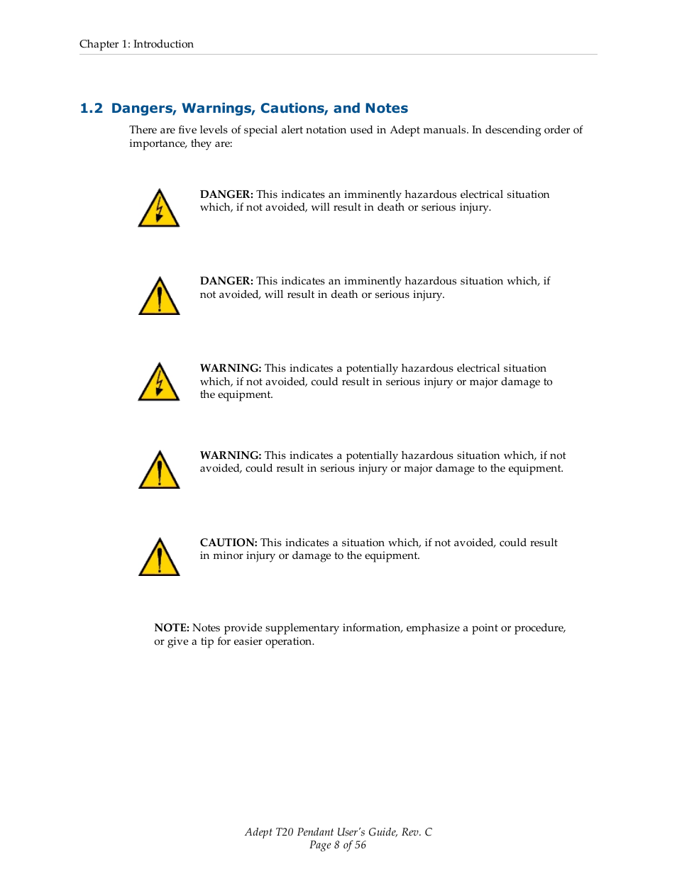 2 dangers, warnings, cautions, and notes | Adept T20 Pendant User Manual | Page 8 / 56