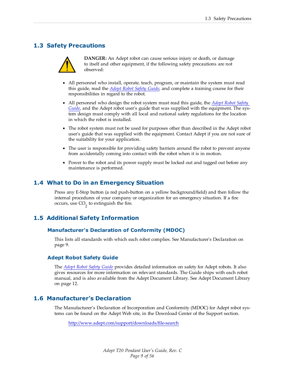 3 safety precautions, 4 what to do in an emergency situation, 5 additional safety information | Manufacturer's declaration of conformity (mdoc), Adept robot safety guide, 6 manufacturer's declaration | Adept T20 Pendant User Manual | Page 9 / 56