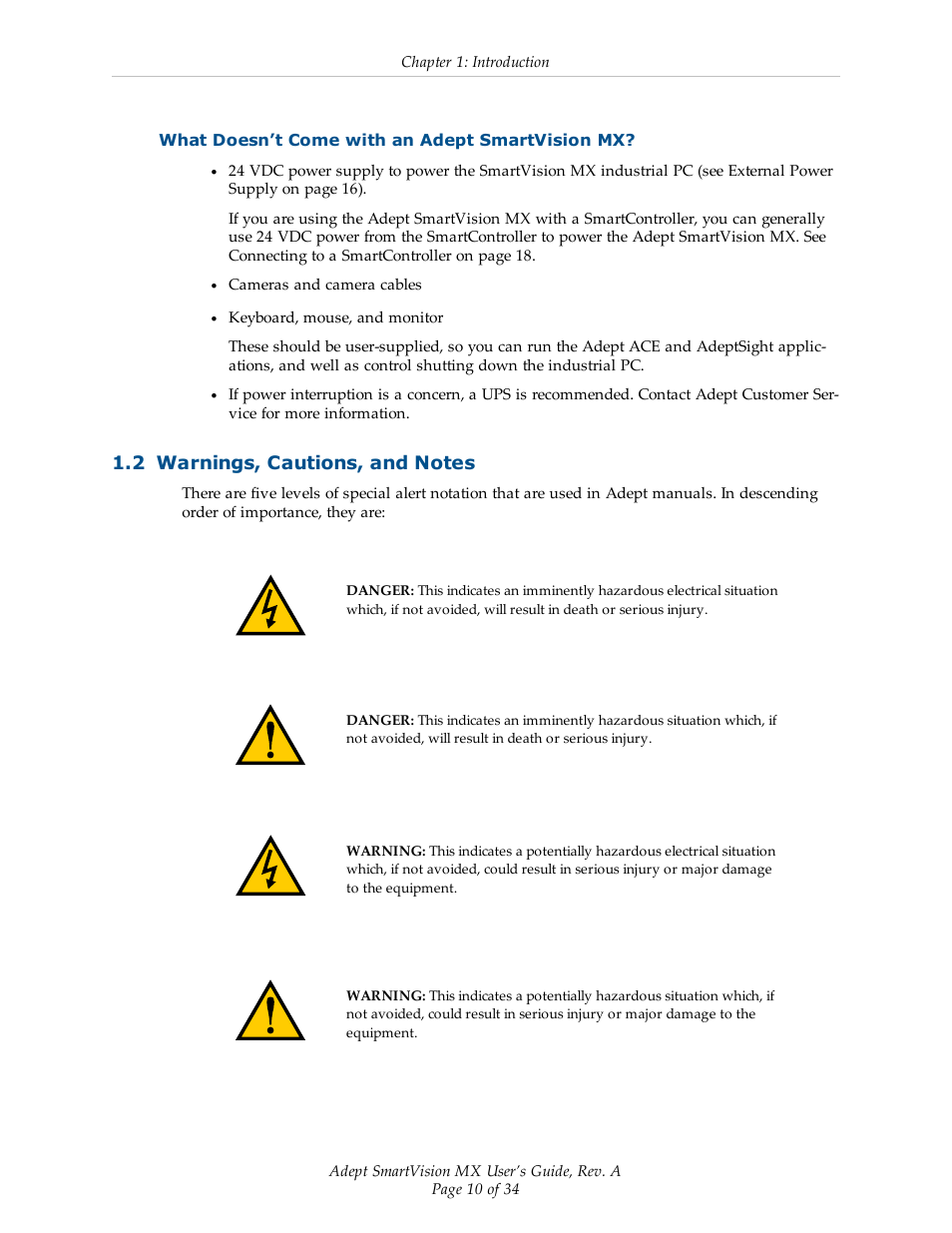 What doesn’t come with an adept smartvision mx, 2 warnings, cautions, and notes | Adept Smart Vision MX User Manual | Page 10 / 34