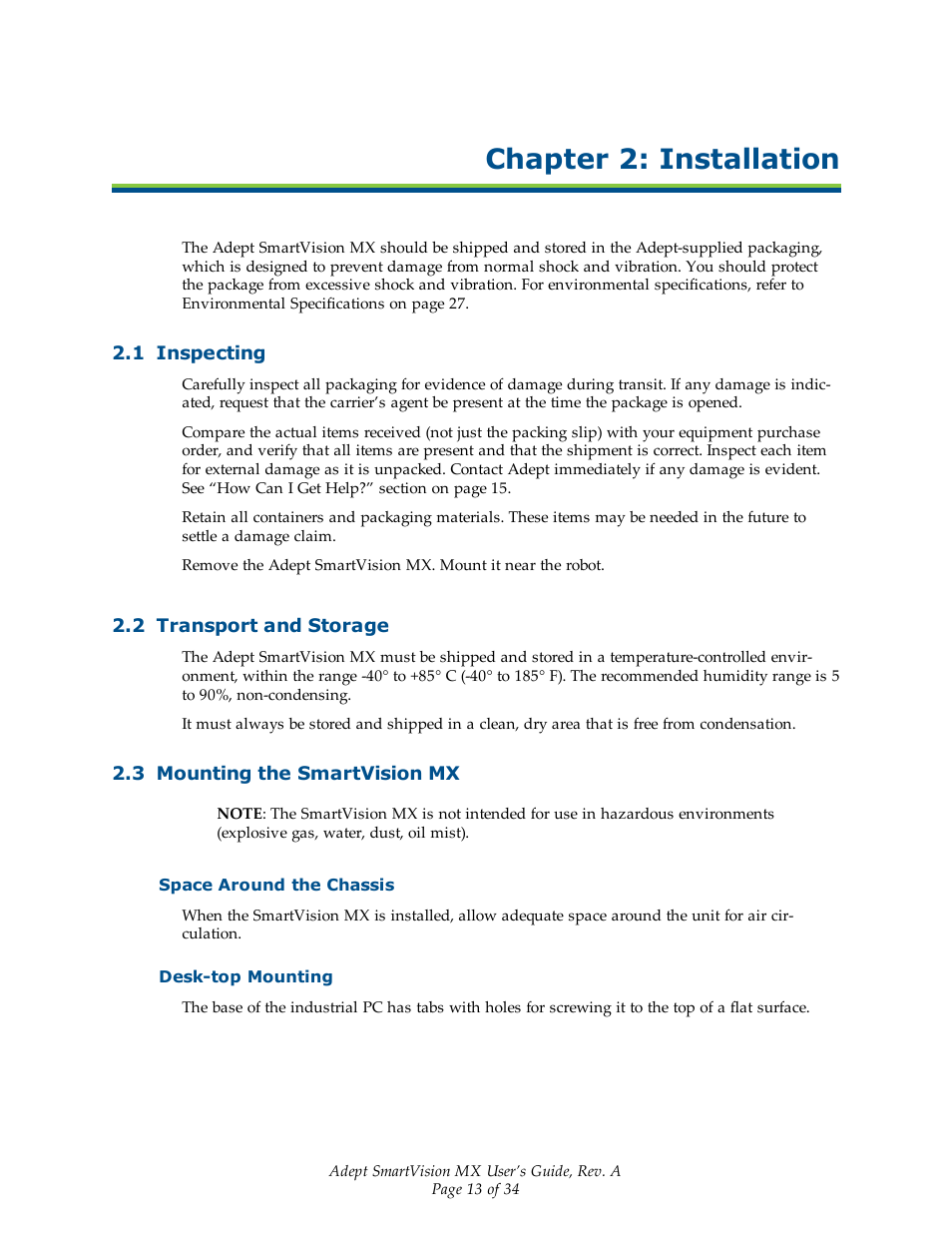 Chapter 2: installation, 1 inspecting, 2 transport and storage | 3 mounting the smartvision mx, Space around the chassis, Desk-top mounting | Adept Smart Vision MX User Manual | Page 13 / 34