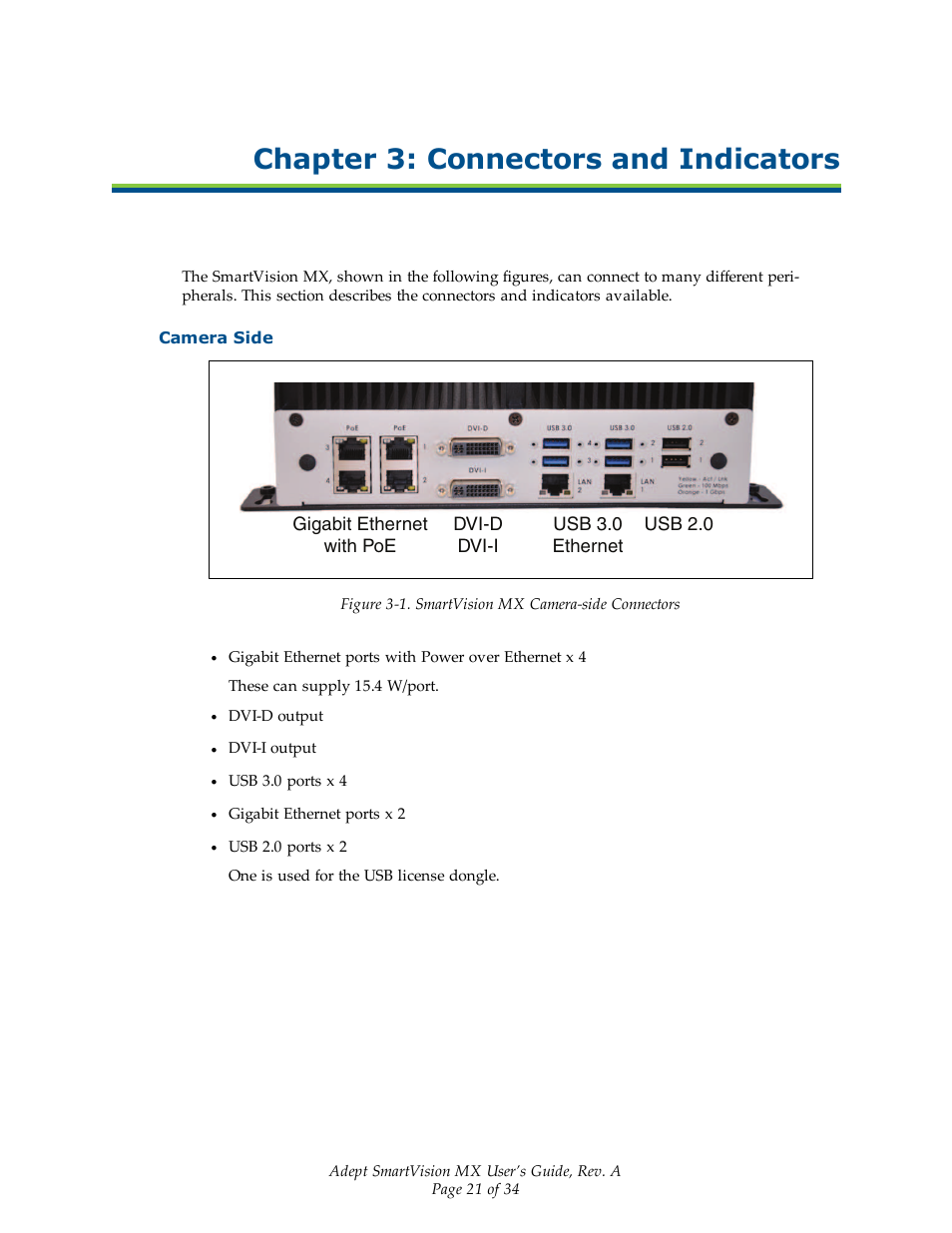 Chapter 3: connectors and indicators, Camera side | Adept Smart Vision MX User Manual | Page 21 / 34