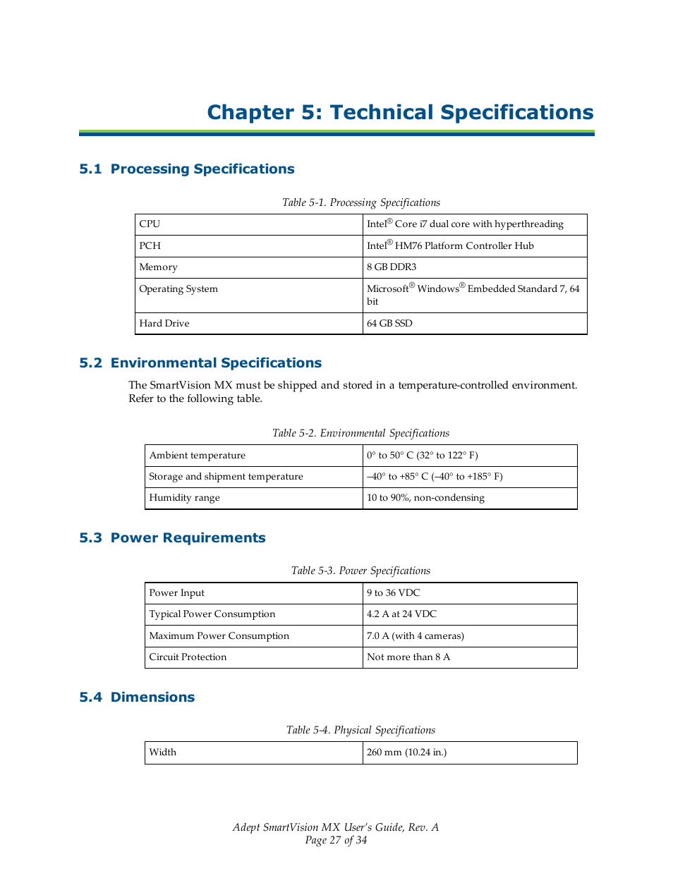 Chapter 5: technical specifications, 1 processing specifications, 2 environmental specifications | 3 power requirements, 4 dimensions | Adept Smart Vision MX User Manual | Page 27 / 34