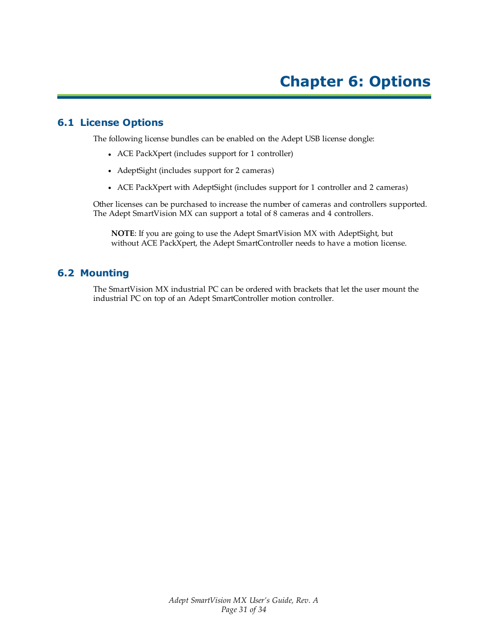 Chapter 6: options, 1 license options, 2 mounting | Adept Smart Vision MX User Manual | Page 31 / 34