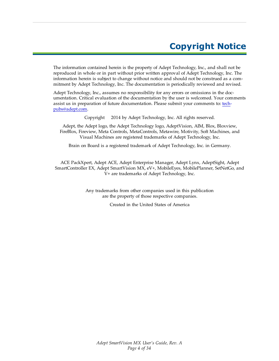 Copyright notice | Adept Smart Vision MX User Manual | Page 4 / 34