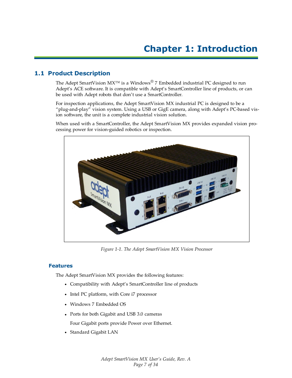 Chapter 1: introduction, 1 product description, Features | Adept Smart Vision MX User Manual | Page 7 / 34