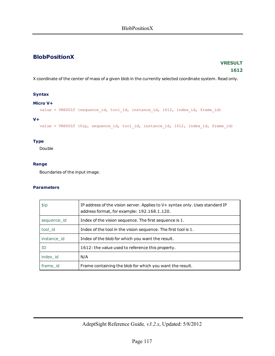 Blobpositionx | Adept AdeptSight Reference Guide User Manual | Page 117 / 579