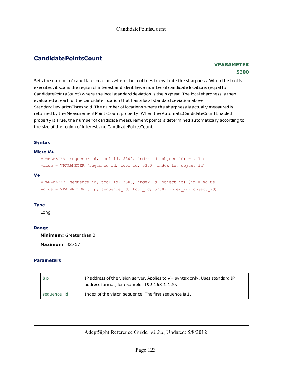 Candidatepointscount | Adept AdeptSight Reference Guide User Manual | Page 123 / 579