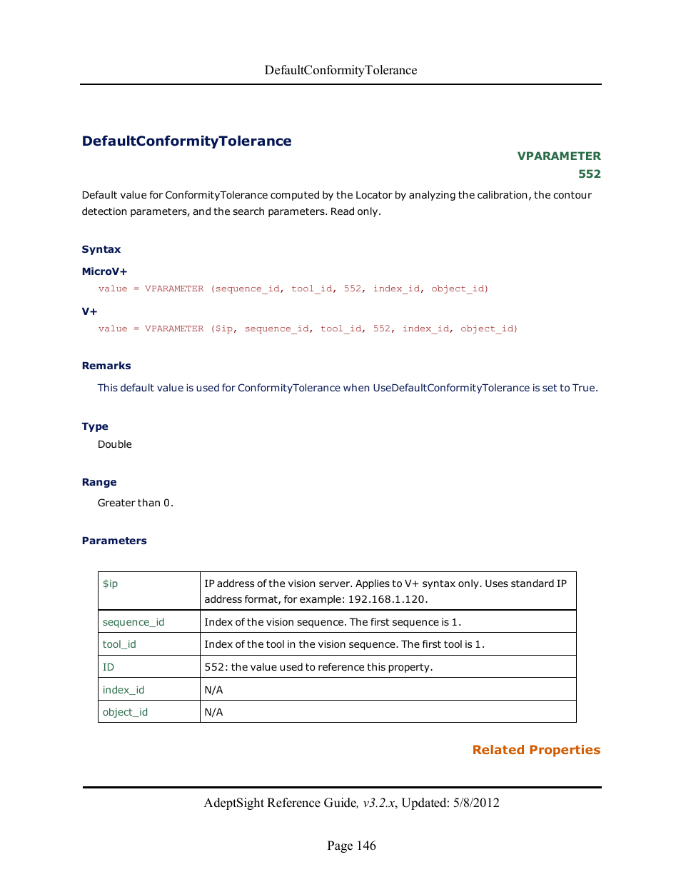 Defaultconformitytolerance | Adept AdeptSight Reference Guide User Manual | Page 146 / 579