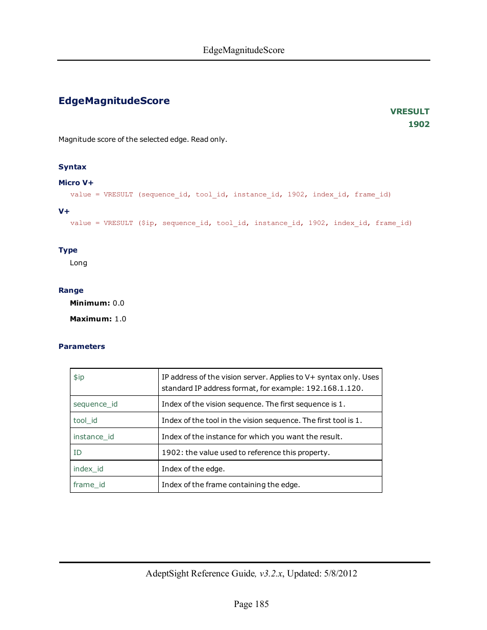 Edgemagnitudescore | Adept AdeptSight Reference Guide User Manual | Page 185 / 579