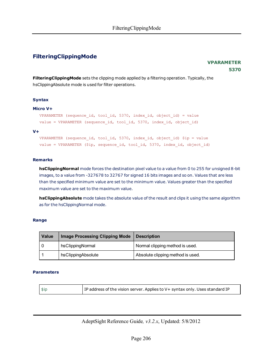 Filteringclippingmode | Adept AdeptSight Reference Guide User Manual | Page 206 / 579