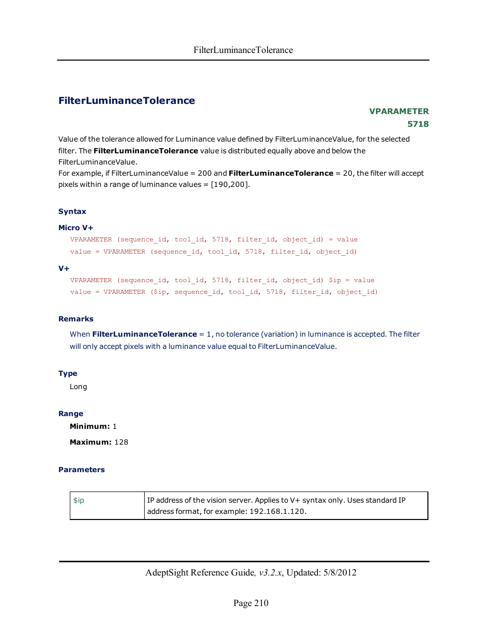 Filterluminancetolerance | Adept AdeptSight Reference Guide User Manual | Page 210 / 579
