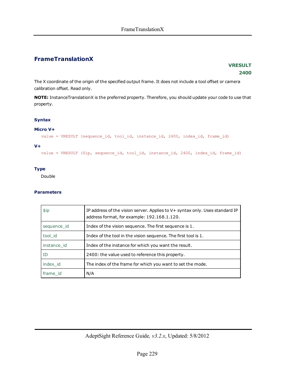 Frametranslationx | Adept AdeptSight Reference Guide User Manual | Page 229 / 579
