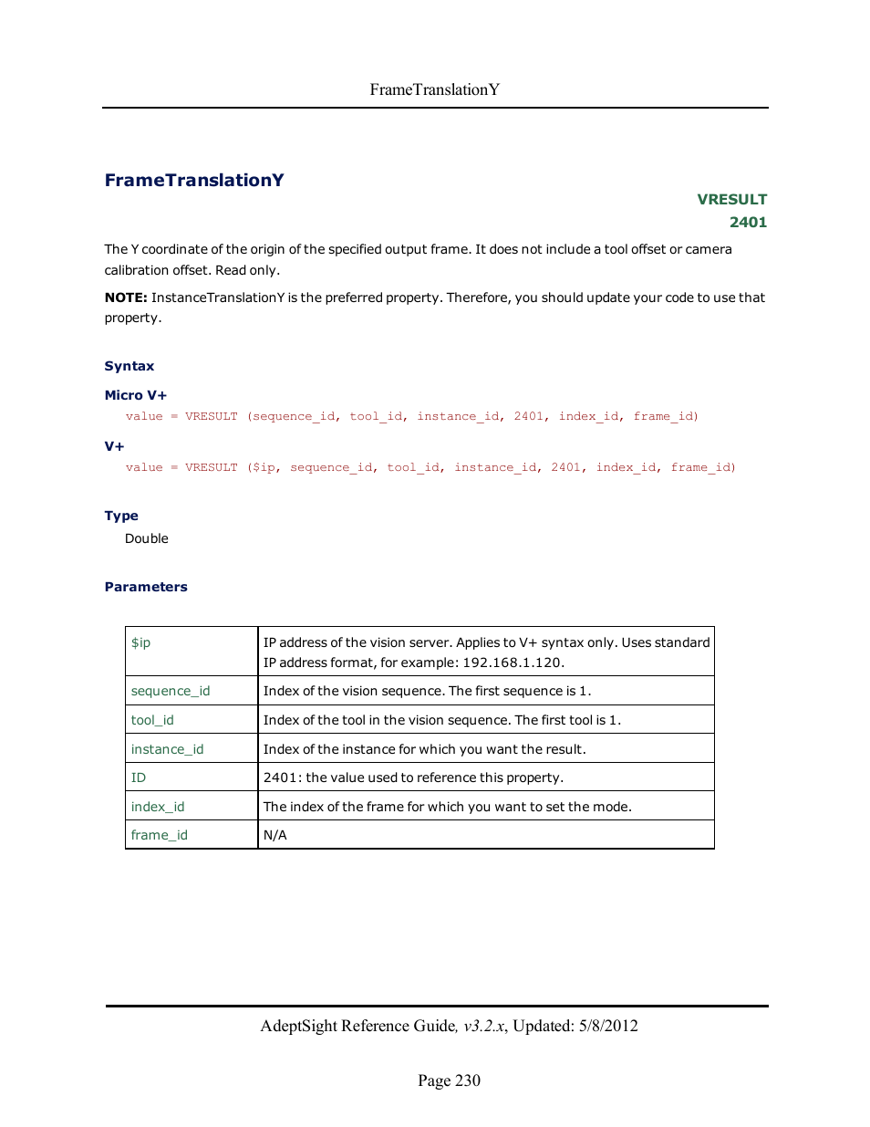 Frametranslationy | Adept AdeptSight Reference Guide User Manual | Page 230 / 579