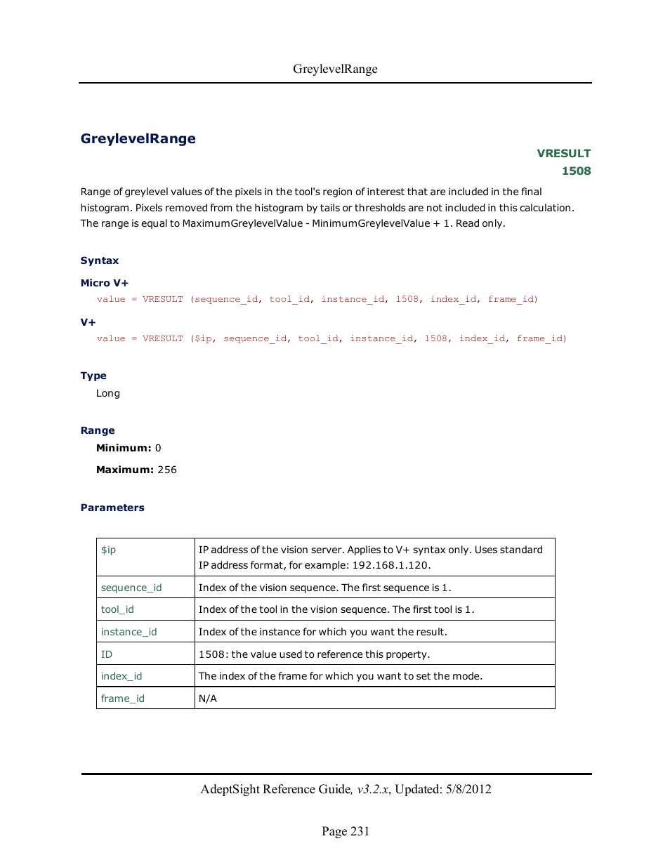 Greylevelrange | Adept AdeptSight Reference Guide User Manual | Page 231 / 579