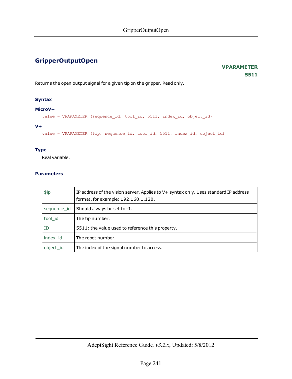 Gripperoutputopen | Adept AdeptSight Reference Guide User Manual | Page 241 / 579