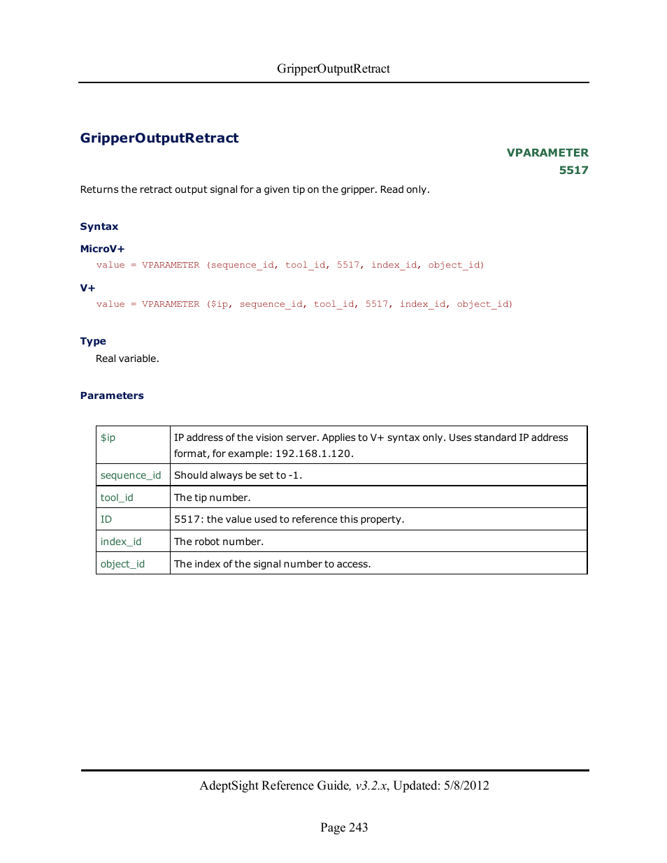 Gripperoutputretract | Adept AdeptSight Reference Guide User Manual | Page 243 / 579
