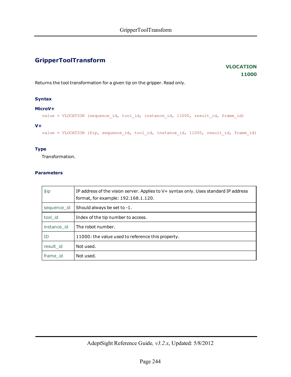 Grippertooltransform | Adept AdeptSight Reference Guide User Manual | Page 244 / 579