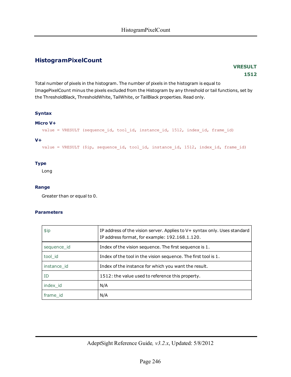 Histogrampixelcount | Adept AdeptSight Reference Guide User Manual | Page 246 / 579